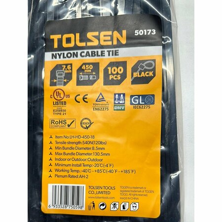 TOLSEN 17.5  Black Cable Tie  UV Rated Nylon, 100PK 50173